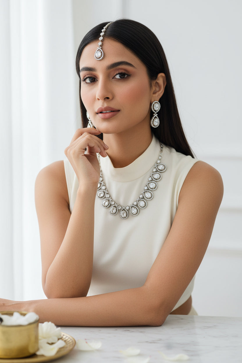 Crystal Necklace Set with Earrings and Maang Tikka Wedding Jewellery India