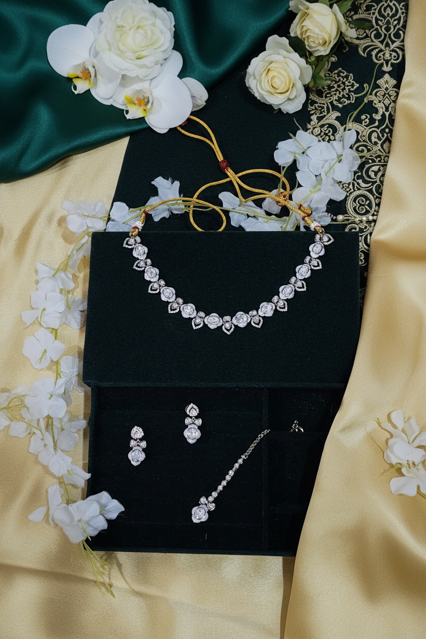 Naeyra White Crystal Necklace Set with Earrings Bracelet Elegant Jewellery India | Premium Indian Jewellery