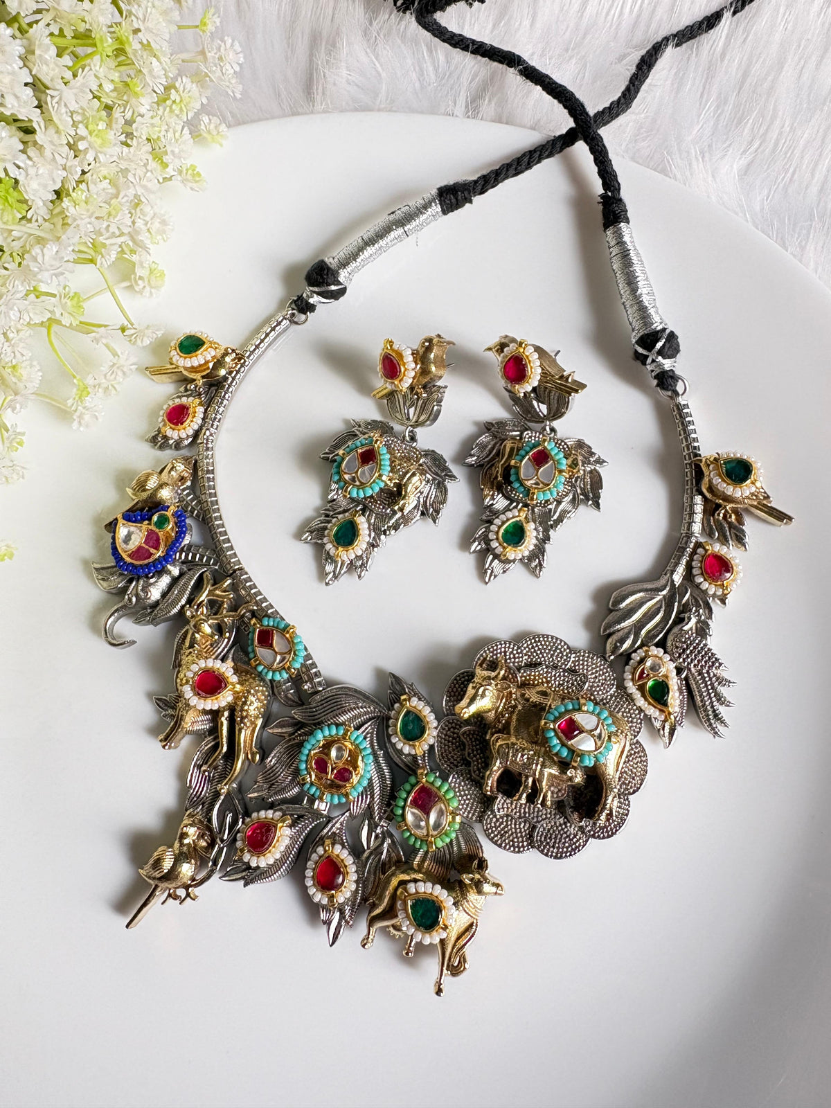 Gajavanya Traditional Kundan Fusion Long Necklace Set with Elephant Motifs and Matching Earrings – Silver Look Polish