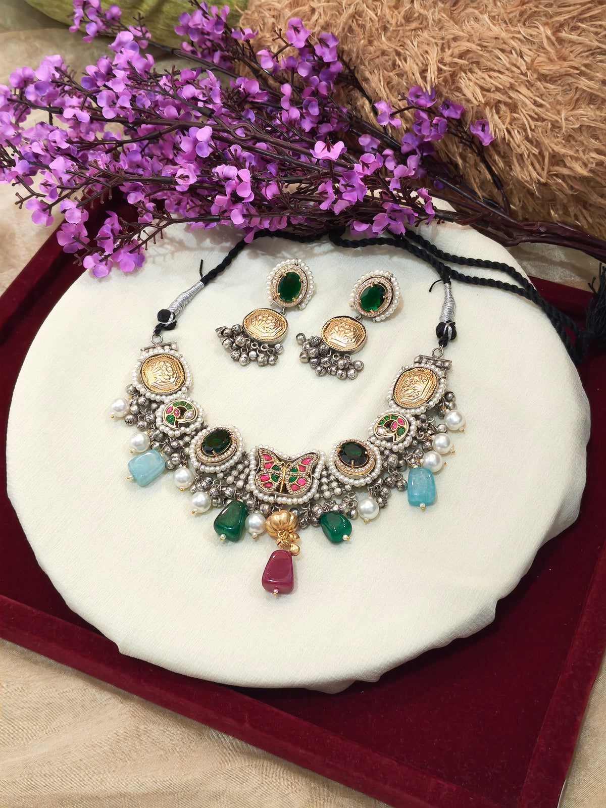 Rangpankhi Traditional Kundan Fusion Choker Necklace Set with Butterfly Motif, Green Stones and Matching Earrings