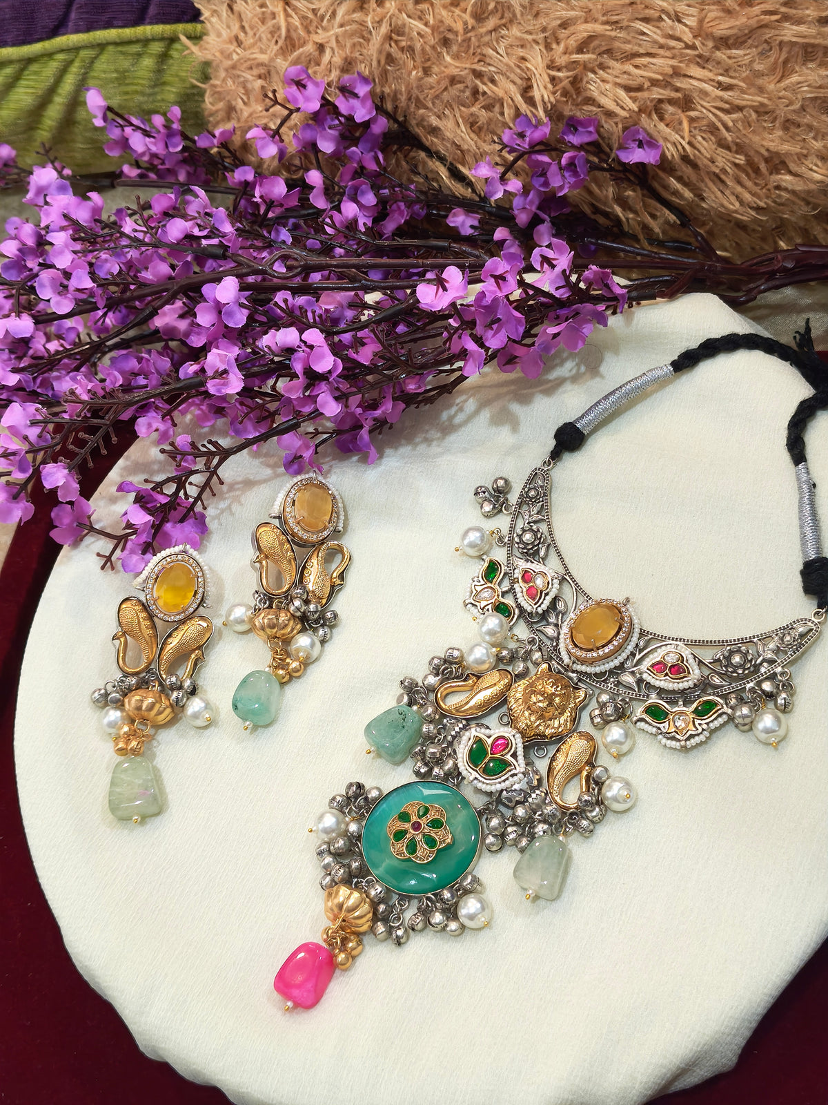 Rangmayi Multicolour Hasli Necklace Set with Matching Earrings – Traditional Dual Tone Indian Statement Jewellery