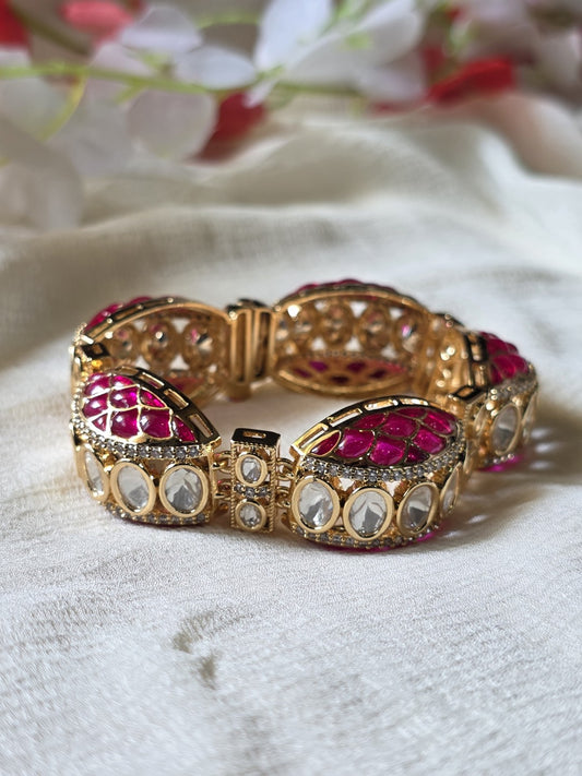 Mayurika Polki Moissanite Meenakari Kada Bracelet Premium Openable Bracelet with CZ Diamonds | Dual Tone Bridal & Festive Jewellery
