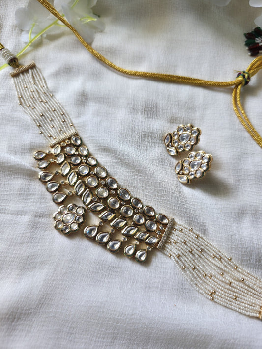 Noor-e-Polki Pearl Choker Set Moissanite Polki Pearl Choker Necklace Set | Handcrafted Bridal Choker | Luxury Wedding Jewellery