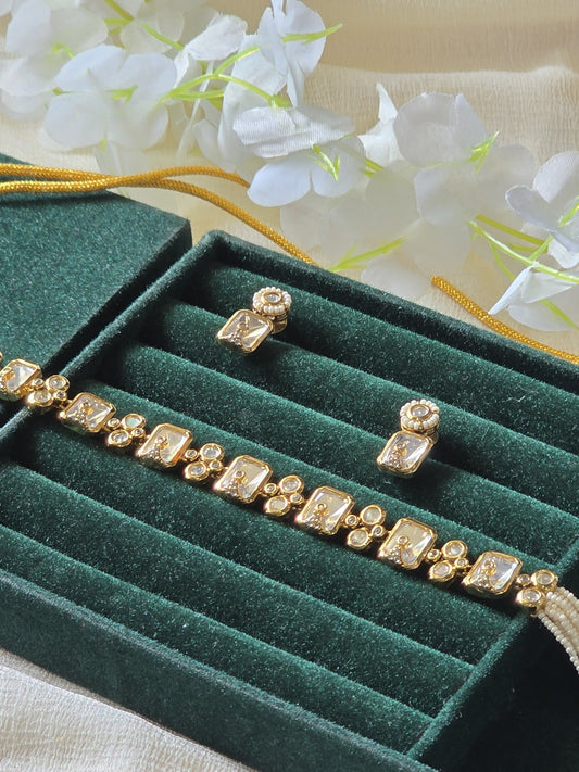 Noor Royale Moissanite Polki Choker Set Moissanite Polki Pearl Choker Necklace Set | Minimal Bridal Jewellery | Luxury Wedding Choker with Earrings