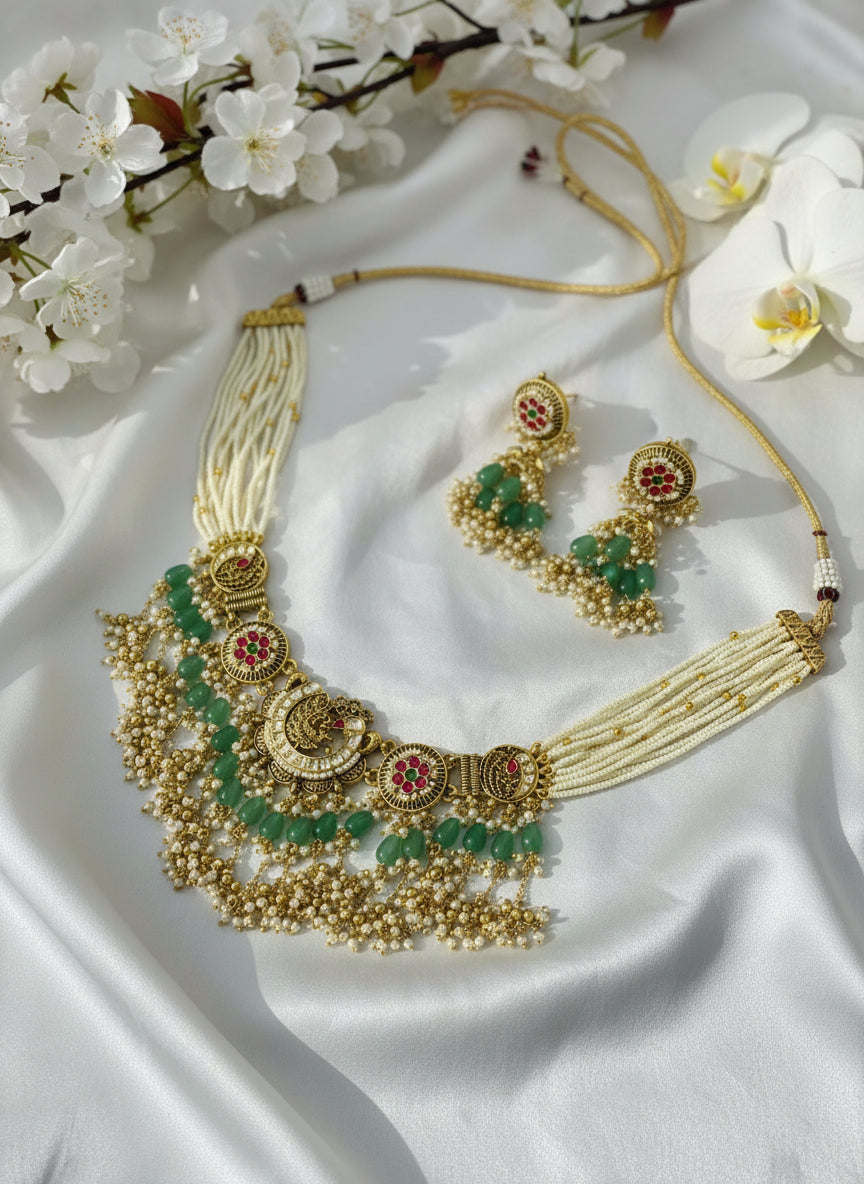 Gold necklace with green beads and red stones on a pink and white background