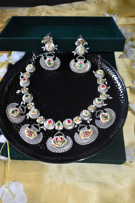 Pacchi Kundan Silver Tone Necklace Set with Earrings | Fusion Indian Bridal Jewelry