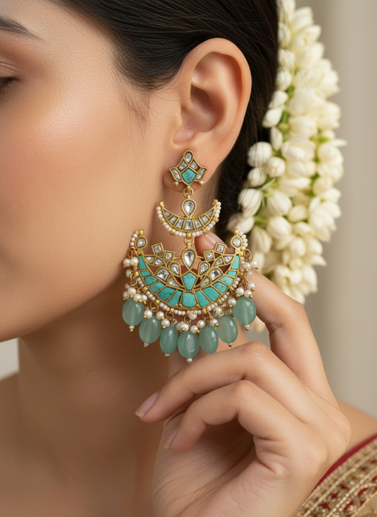 Close-up of a woman wearing a pair of turquoise and gold earrings with a blurred background.