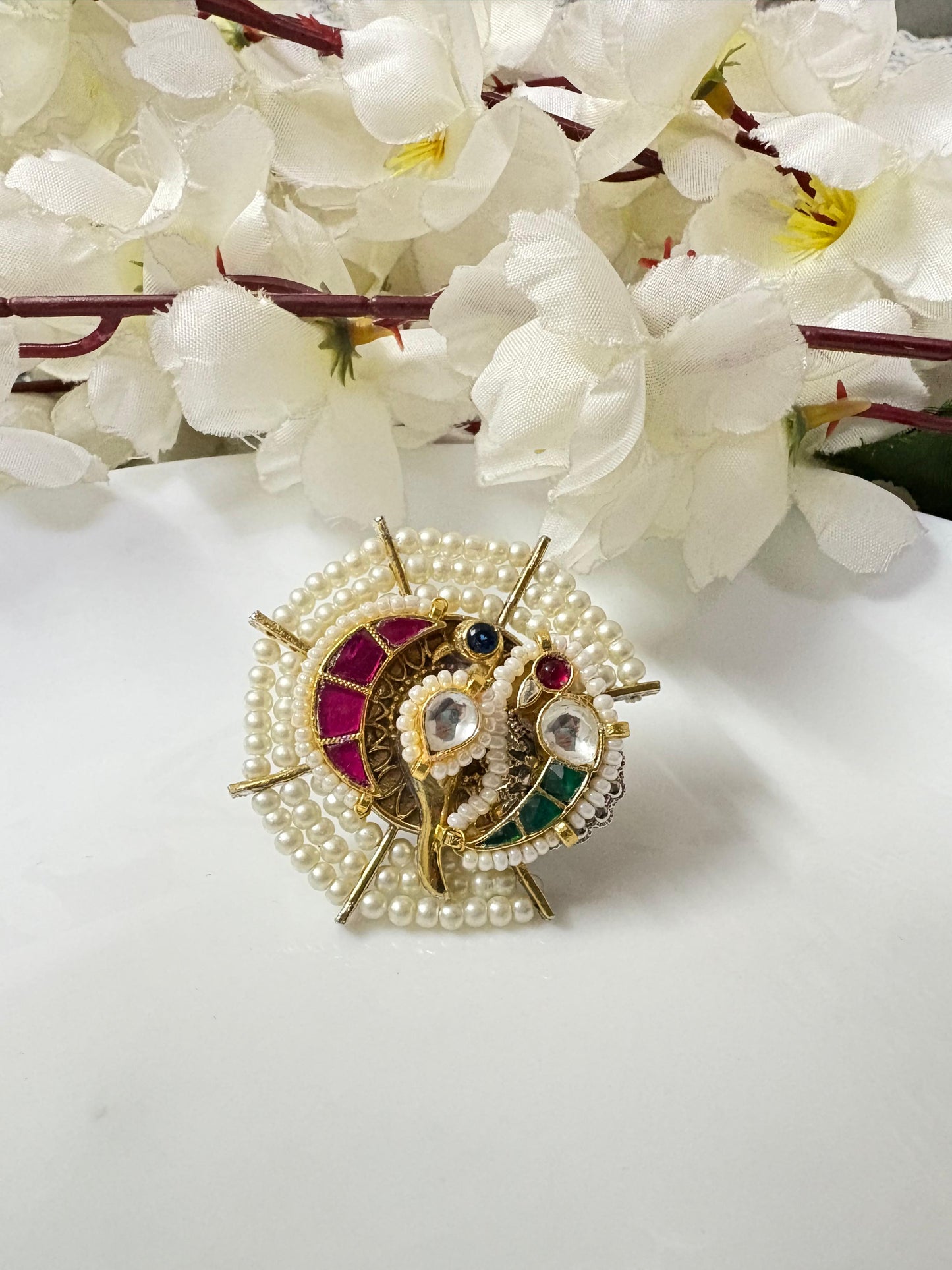 Mayur Milan Dual Tone Kundan Pearl Statement Ring
Handcrafted Adjustable Designer Ring | Heritage Peacock Motif Cocktail Ring | Pearl & Kundan Ethnic Jewellery