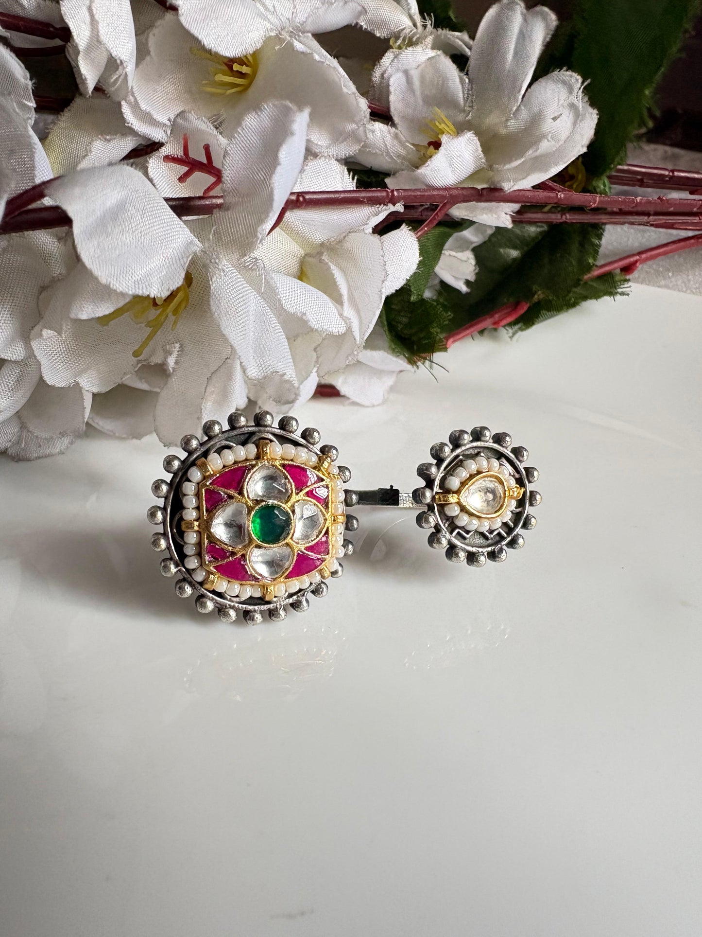 Rajtilak Dual Tone Kundan Hathphool Ring
Handcrafted Adjustable Finger Ring | Antique Silver & Gold Kundan Hand Harness Ring | Heritage Statement Jewellery