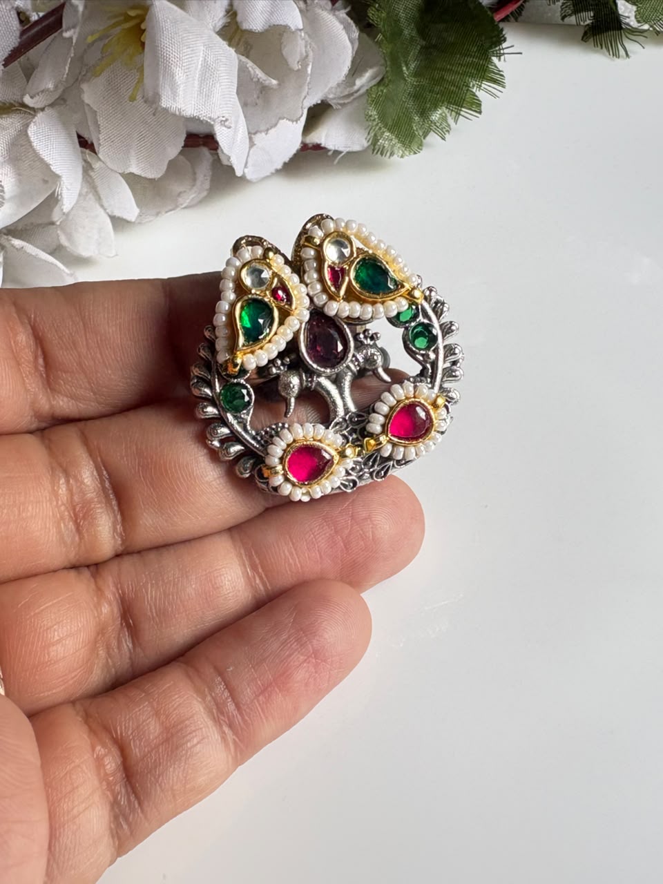 Morbagh Dual Tone Kundan Heritage Statement Ring
Handcrafted Adjustable Peacock Ring | Antique Silver & Gold Kundan Cocktail Ring | Designer Ethnic Jewellery