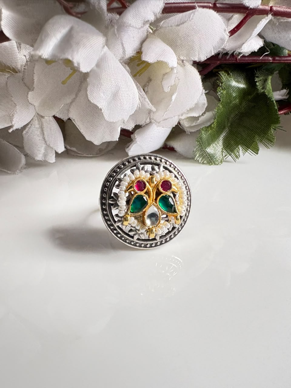 Mayurika Dual Tone Kundan Heritage Statement Ring
Handcrafted Adjustable Dual Tone Cocktail Ring | Antique Silver & Gold Kundan Ring | Designer Ethnic Jewellery