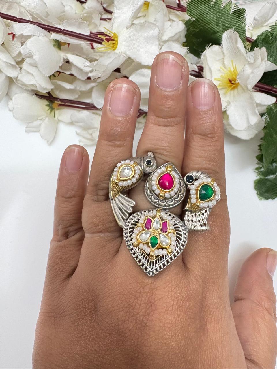 Mayurika Kundan Dual Tone Peacock Statement Ring
Handcrafted Antique Silver Dual Tone Peacock Ring | Kundan Adjustable Cocktail Ring | Designer Ethnic Statement Jewellery