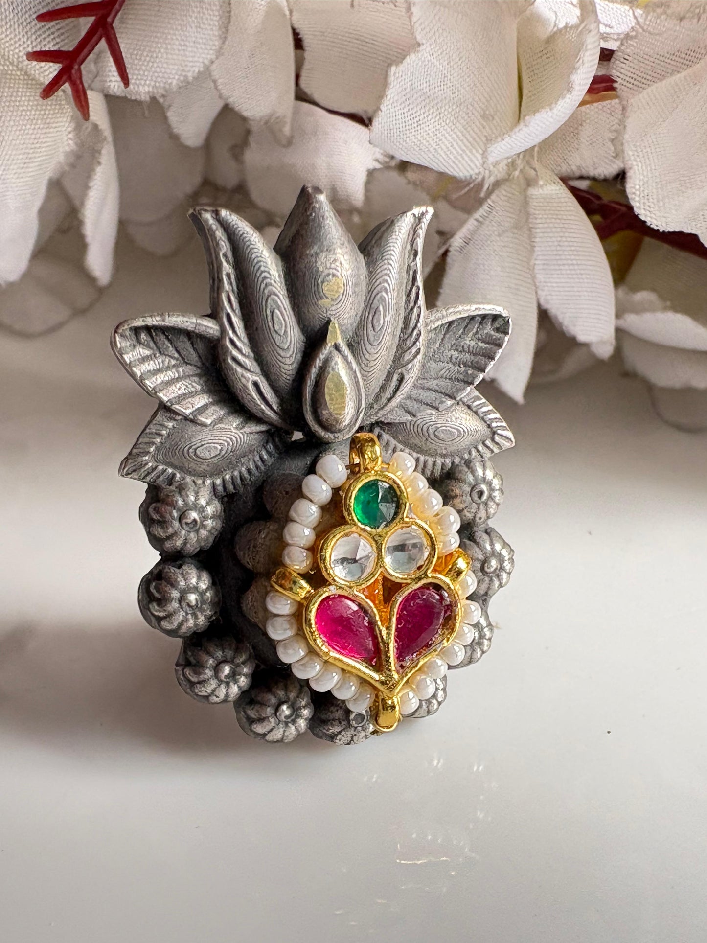 Padmika Lotus Kundan SLA Fusion Statement Ring
Handcrafted Antique Silver Lotus Ring | Kundan SLA Fusion Adjustable Cocktail Ring | Designer Ethnic Statement Jewellery