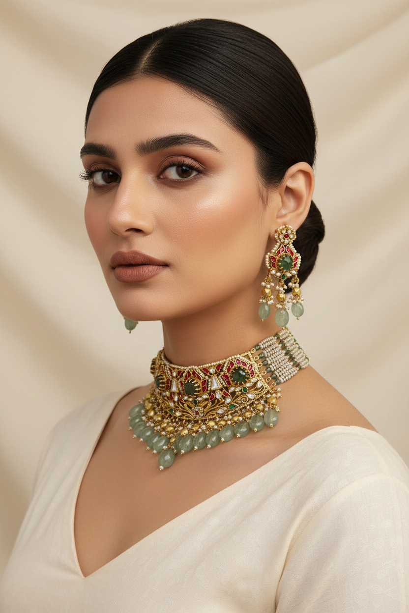 Aarvi Heritage Kundan Choker Set | Handcrafted Antique Bridal Jewelry | Alankrent