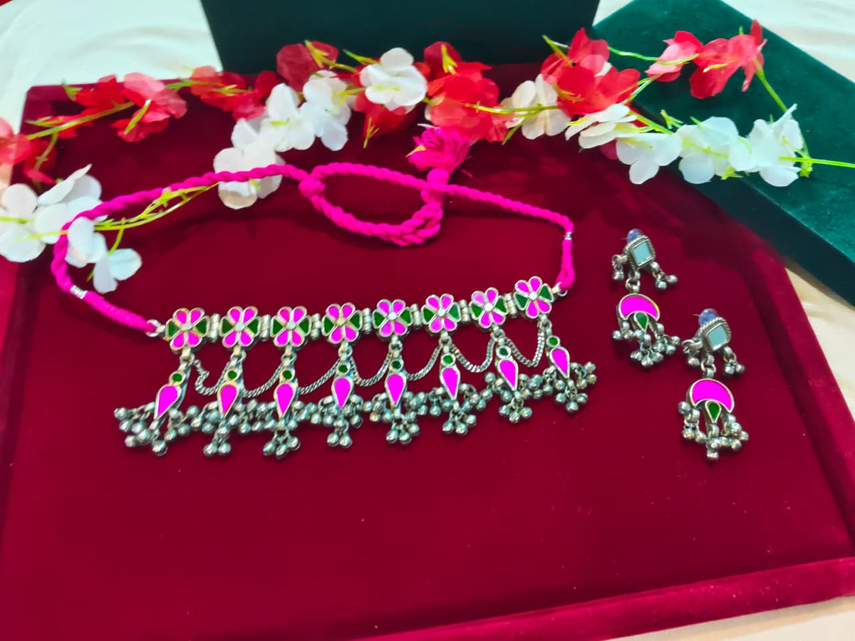 Gulrukh Rangmala Afghani Choker Set | Pink Afghani Choker with Mirror Detailing & Long Earrings | Multicolour Ethnic Jewellery Set