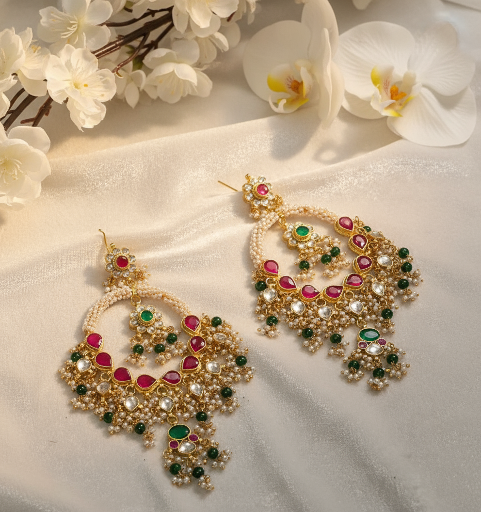 Pair of ornate earrings with gemstones on a textured white background