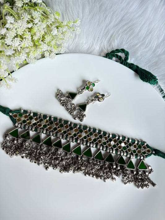 Navarangi Mrigakshi Afghani Choker Set | Afghani Mirror Work Choker Necklace with Earrings | Traditional Navratri Ethnic Jewellery 2026