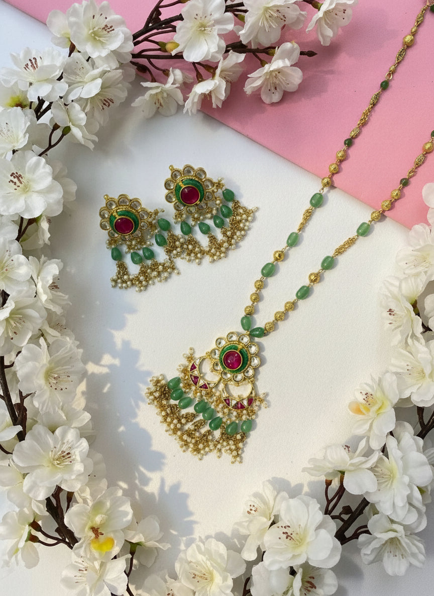 Ragini Round Meena Kundan Haar Set | Brass Base | Emerald Drops | Festive Necklace Set
