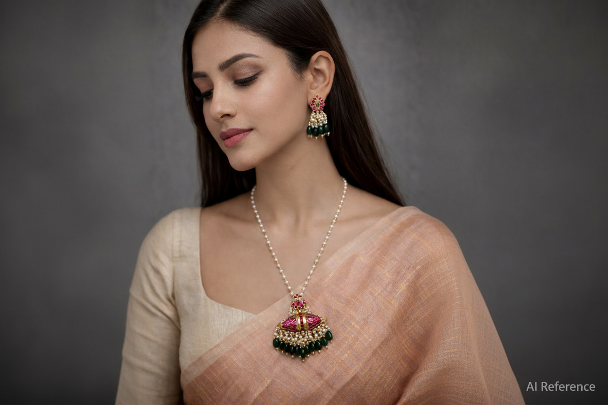 Padmavani – Lotus Inspired Kundan Pendant Necklace with Green Drops & Earrings | Alankrent