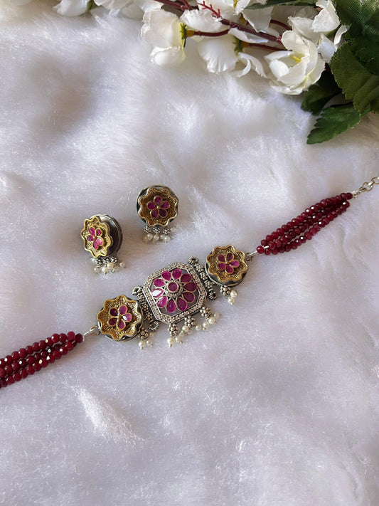 Elegant Crystal Dualtone Choker Necklace with Earrings – Ready Stock - Alankrent Luxe