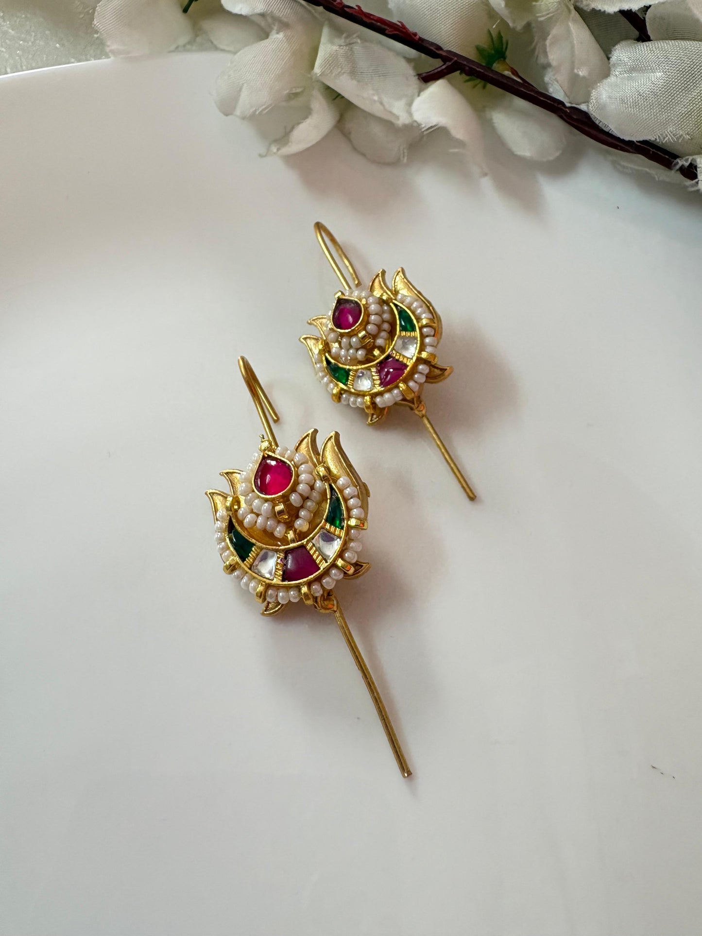 Traditional Gold Temple Matti Pins: Ruby & Pearl Kanphool Earrings