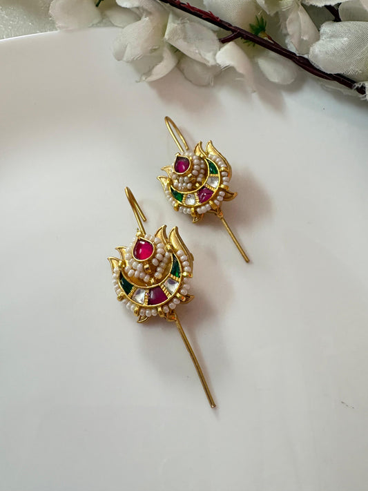Traditional Gold Temple Matti Pins: Ruby & Pearl Kanphool Earrings