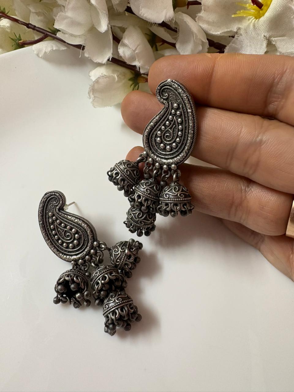 Oxidized Silver Jhumka Earrings: Traditional Paisley Black Metal