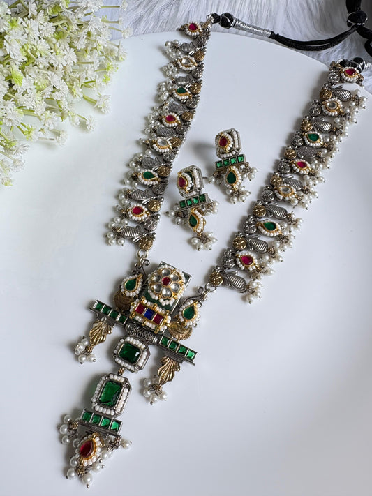 Suvarnarekha Dvayvarna Kundan Necklace Set | Dual Tone SLA Long Kundan Fusion Necklace with Earrings | Premium Traditional Indian Jewellery