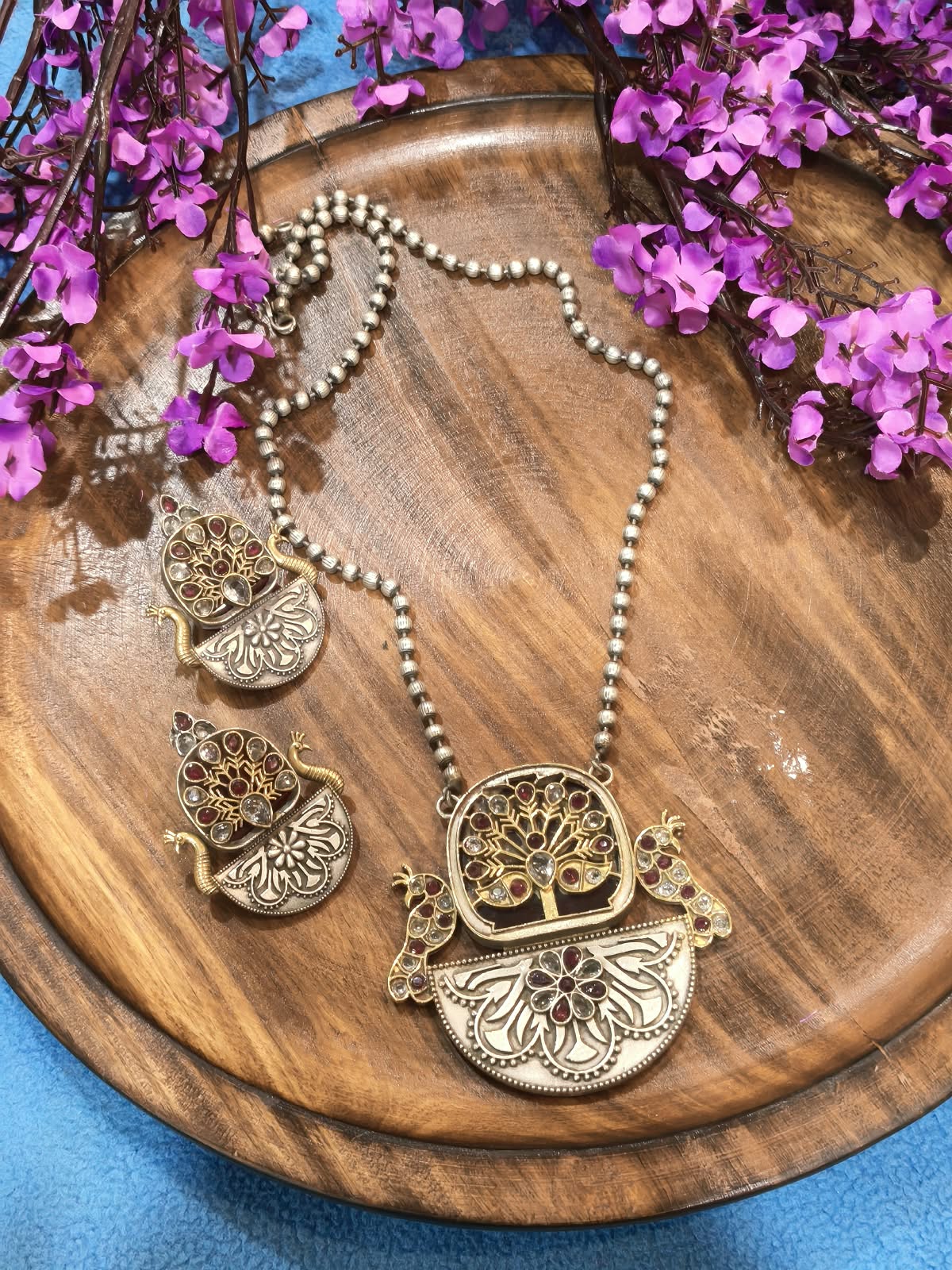 Rajatarang German Silver Pendant Set | German Silver Long Pendant Necklace Set with Earrings | Traditional Indian Ethnic Jewellery