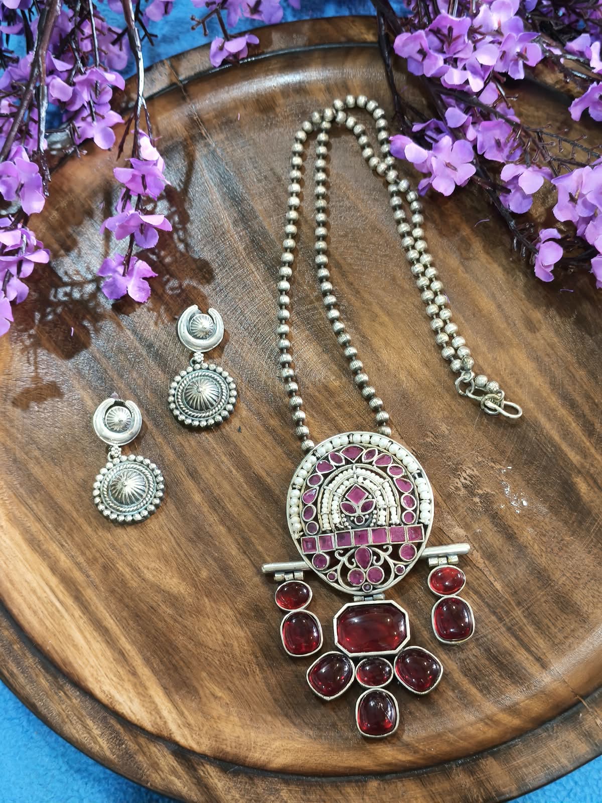 Maniratna Monalisa Pendant Haar Set | Monalisa Stone Pendant Long Necklace with Earrings | Elegant Indian Ethnic Jewellery