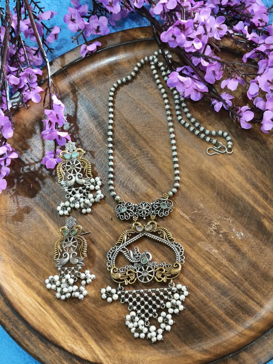 Mayuradhara Muktavali Pendant Haar Set | Peacock Pearl Drop Pendant Long Necklace with Earrings | Traditional Indian Jewellery