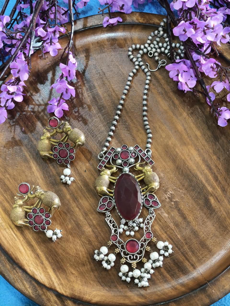 Raktamani Monalisa Pendant Haar Set | Monalisa Ruby Stone Pendant Long Necklace with Earrings | Traditional Indian Jewellery