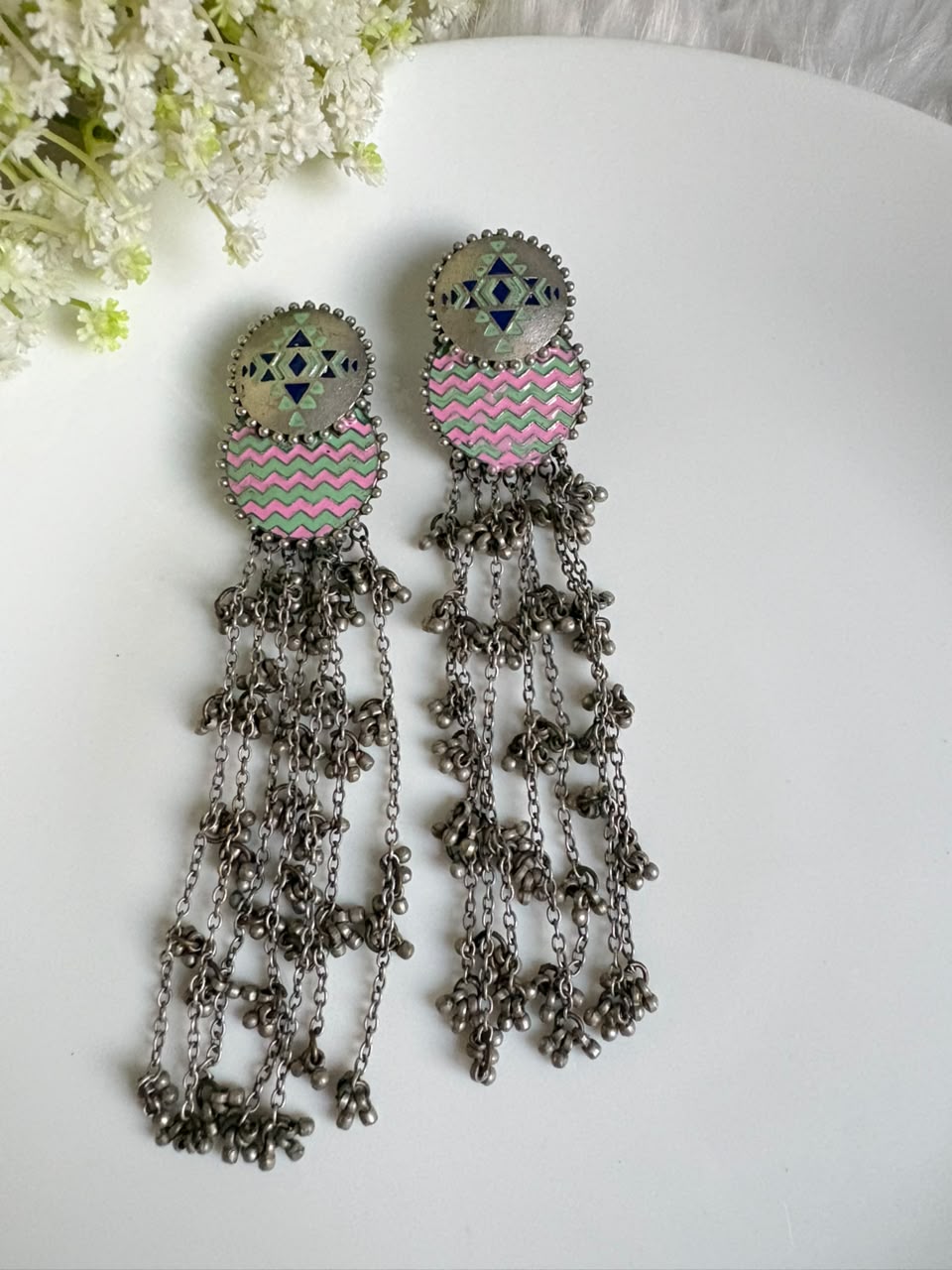 Rangrekha German Silver Tassel Statement Earrings | German Silver Long Tassel Earrings with Geometric Enamel Design | Statement Jewellery
