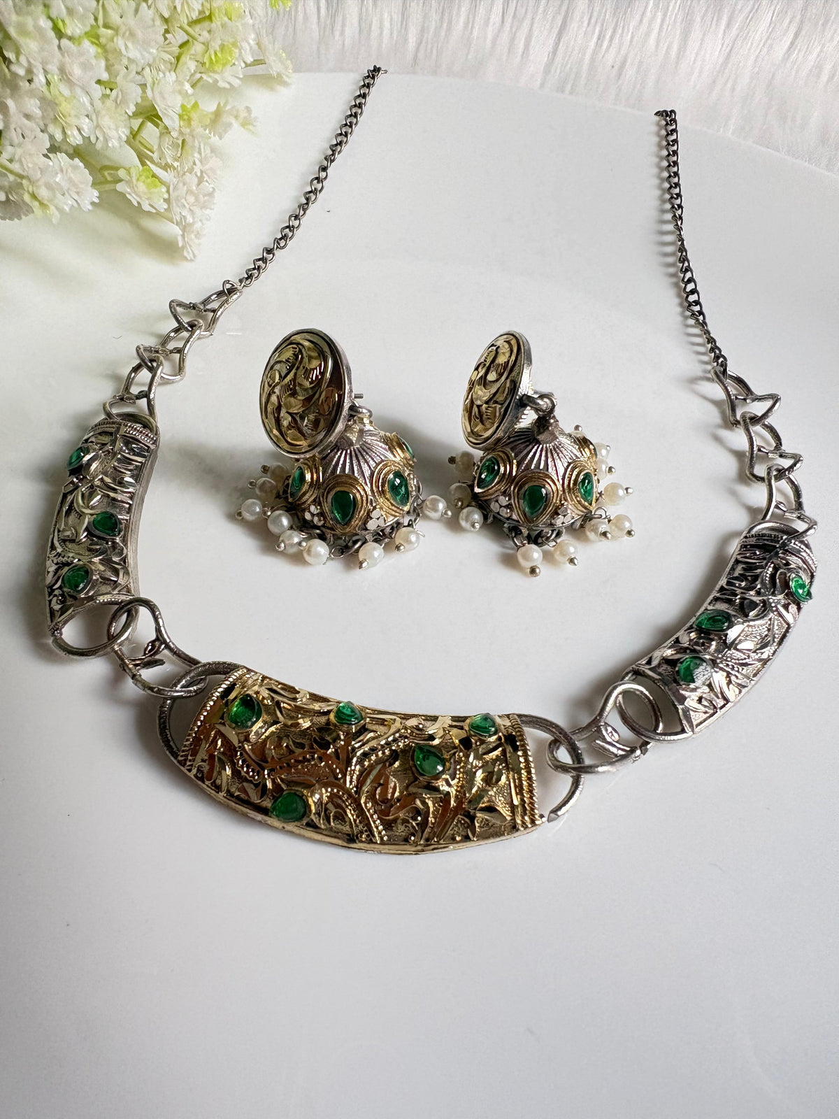 Rajavarna Dvayvarna Necklace Set | Dual Tone Traditional Necklace Set with Jhumka Earrings | Indian Ethnic Jewellery