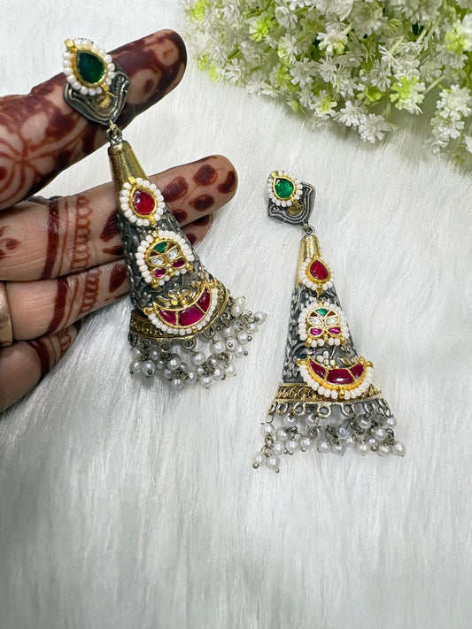 Dvayvarna Rajatkanthi Kundan Earrings | Dual Tone Long Kundan Fusion Earrings | Traditional Indian Statement Jewellery