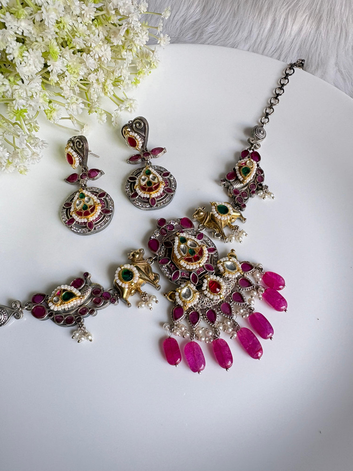 Nandikeshwari Dvayvarna Kundan Fusion Necklace Set | Premium Dual Tone SLA Nandi Kundan Necklace Set with Earrings | Brass Jewellery