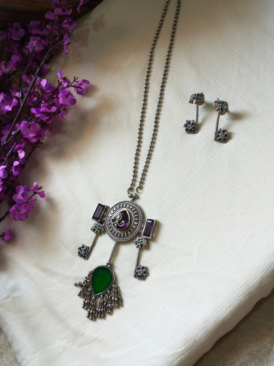 Aaranyaka Ratnadhara Premium SLA Pendant Set | Premium SLA Stone Long Pendant Necklace Set with Earrings | Traditional Indian Jewellery