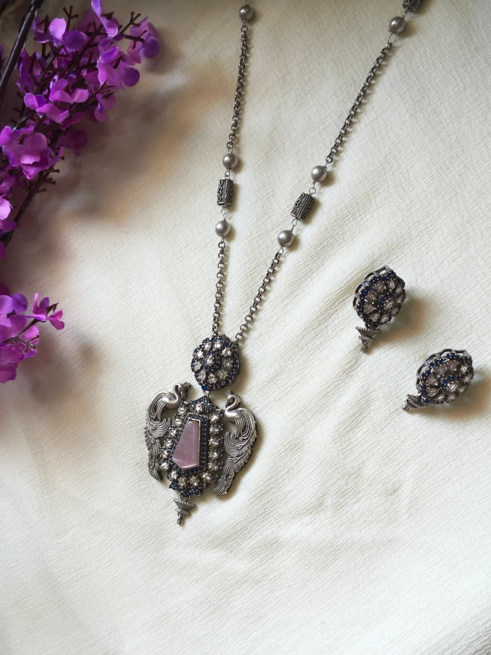 Hiranyalekhā Premium SLA Diamond Pendant Set | Premium SLA Diamond Statement Pendant Chain Set with Earrings | Elegant Indian Jewellery