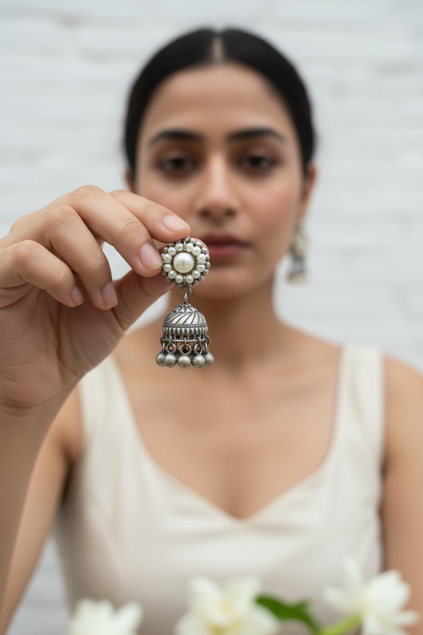 Aarini German Silver Jhumka Earrings Online | Oxidised Ghungroo Pearl Jhumkas for Women