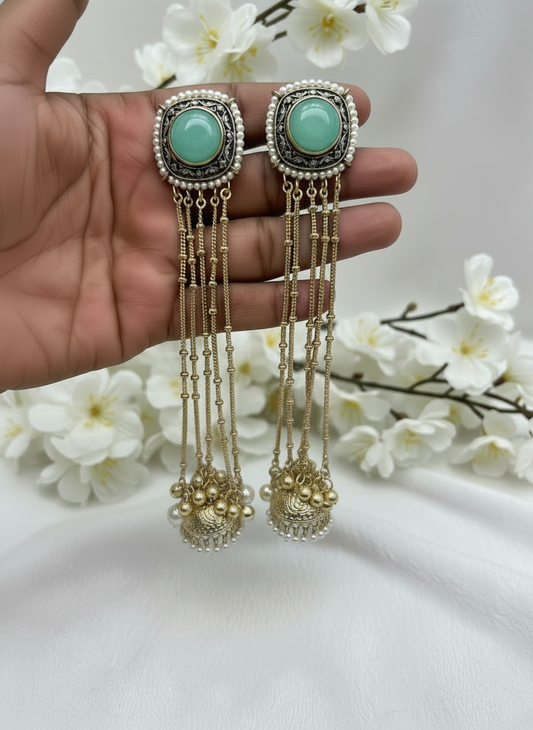 Kashmiri Jhumka Drops –Long Earrings with Pearl and Gold Detailing