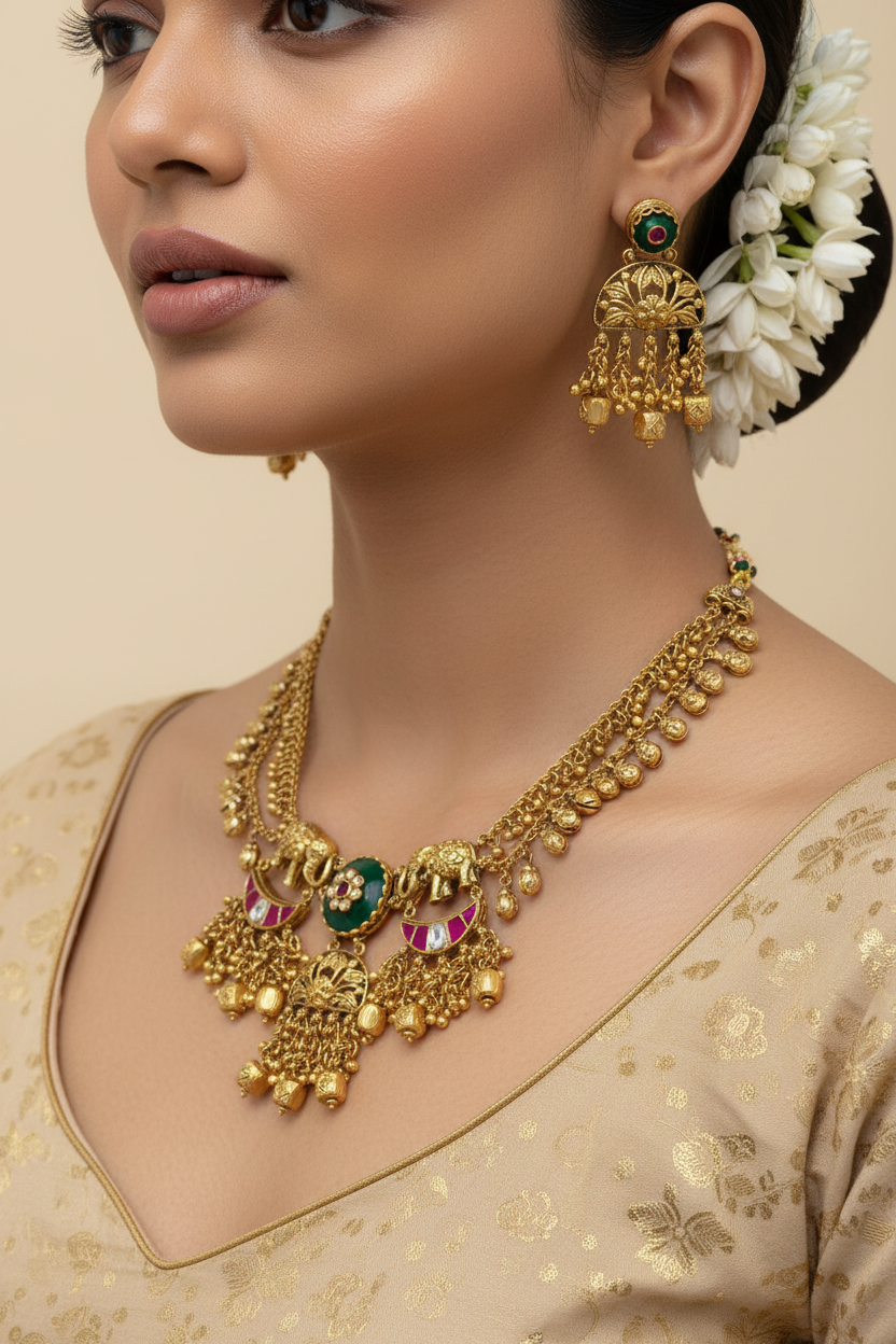Temple Elephant Motif Gold Look Choker Set with Pink & Green Meenakari – Traditional Festive Jewellery - Alankrent Luxe