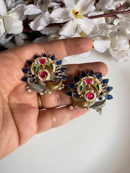 Mayurika Ratnavali SLA Dualtone Premium Kundan Fusion Earrings with Pearl Drops & Stone Petals | Statement Ethnic Jewellery | Alankrent