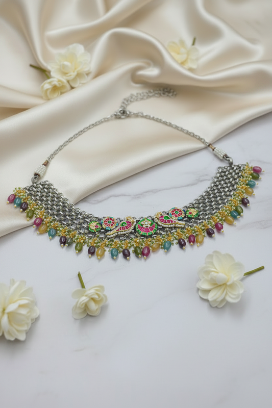 Mayurika German Silver Choker Necklace with Pastel Beads & Kundan Fusion – Premium Statement Traditional Jewellery for Women