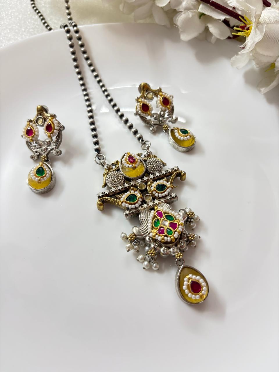 Kalyani Temple Dual Tone SLA Kundan Long Necklace Pendant Set with Earrings & Pearl Drops | Premium Ethnic Jewellery Ready Stock | Alankrent | AK-TMP-LN05 by Alankrent