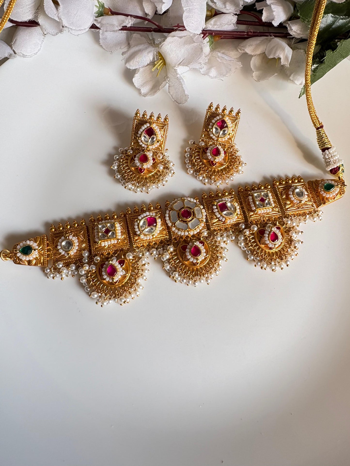 Gold Matt Polish Reimagine Antique Kundan Fusion Necklace with Earrings | Firoza Beads & Pearl Detailing