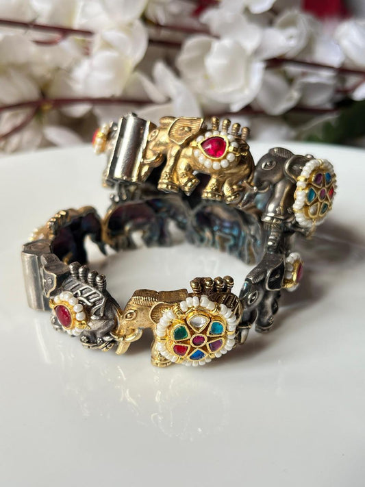 Gajratna Heritage Kundan Fusion Dual Tone Premium SLA Elephant Openable Kada – Brass Designer Bangle for Women | 2.6 Size