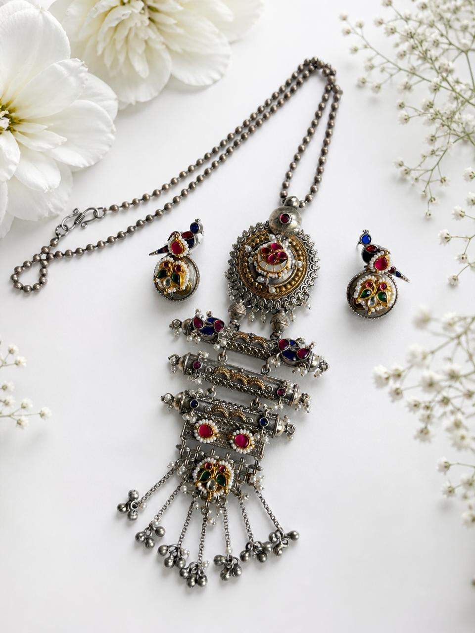 Mayurika Heritage Dualtone Long Necklace Set with Kundan Fusion Earrings