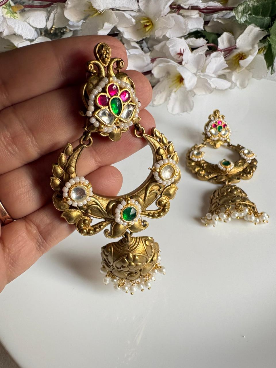 Gold Matt Kundan Jhumka Earrings | Kundan Fusion Traditional Jewellery Premium Finish | Alankrent | AK-20260111-GE13 by Alankrent