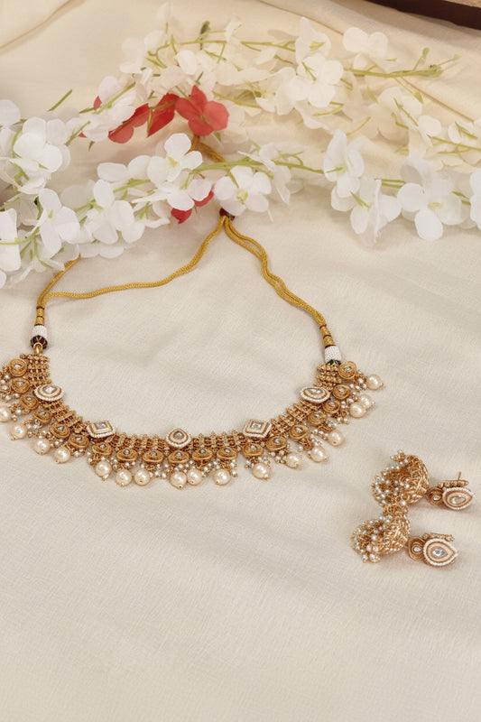 Aarvika Gold Lookalike Jadtar Kundan Pearl Necklace Set with Jhumka Earrings | Traditional Bridal Jewellery