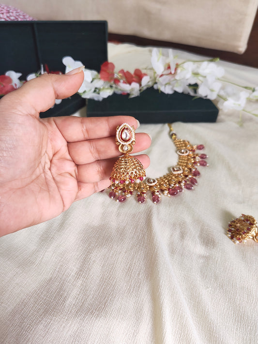 Vaidehi Gold Lookalike Jadtar Kundan Necklace Set with Rose Pink Bead Drops & Designer Jhumka Earrings | Bridal Jewellery